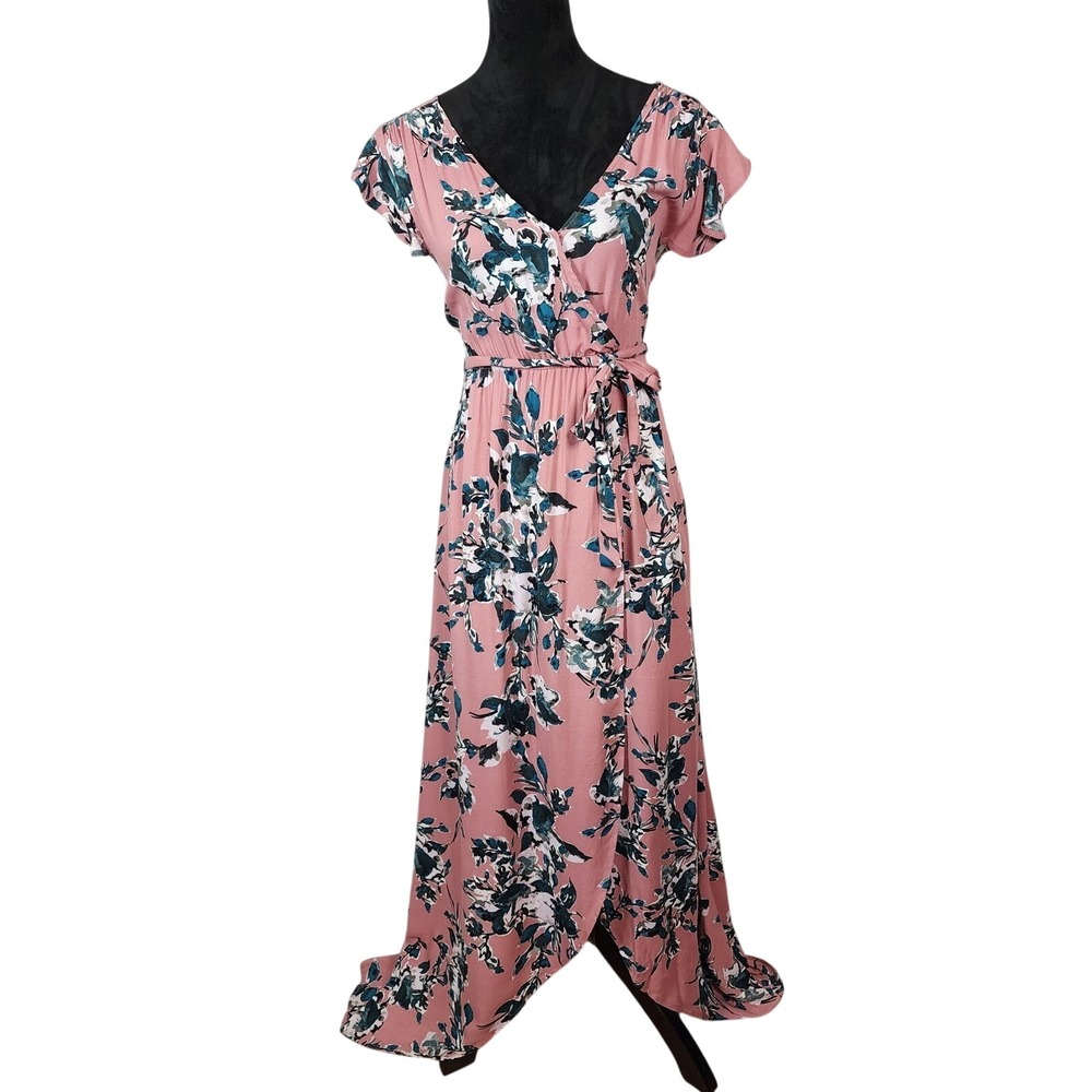 SPLENDID Size Small Pink Floral Tulip Sleeve Floral High Low Maxi Dress Cottage